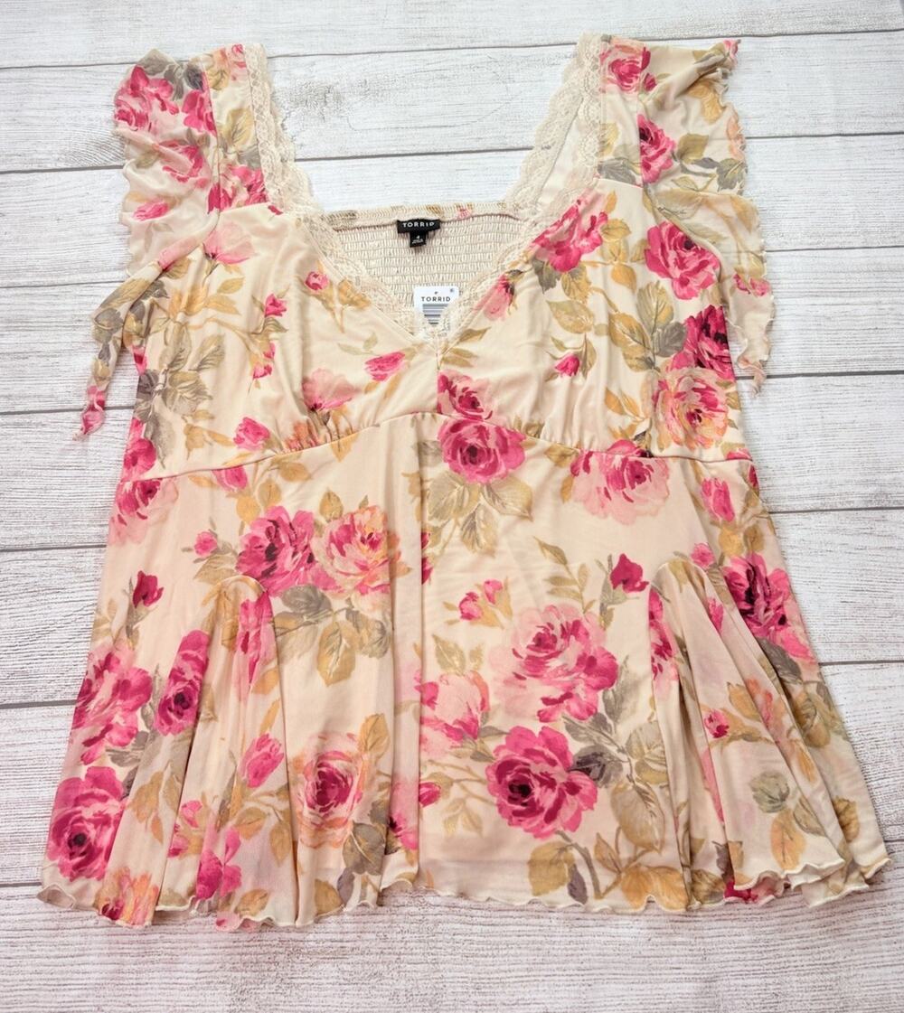 Torrid Mesh Sweetheart Flutter Fit and Flare Top Boho Floral Size 4/4X